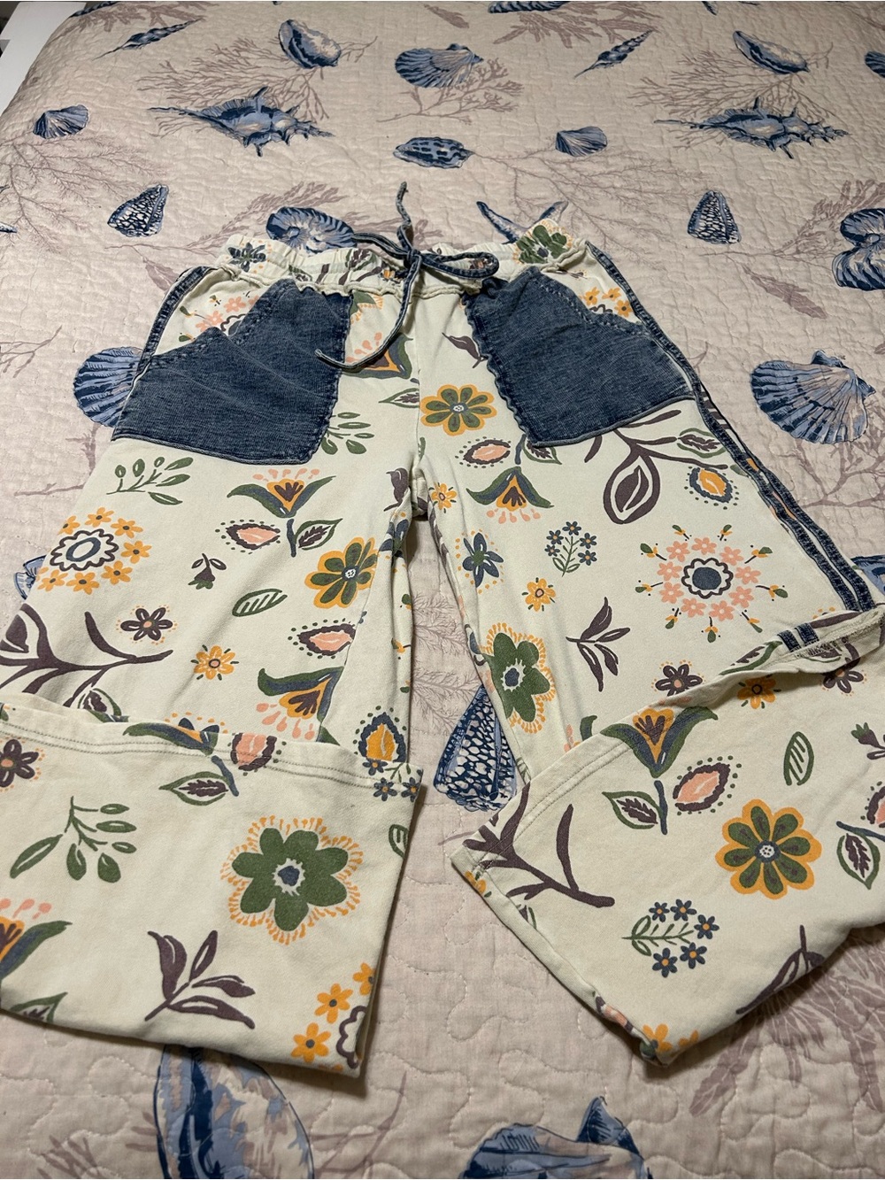 Floral Wide Leg Drawstring Pants in Cream with Green & Yellow - Unbranded